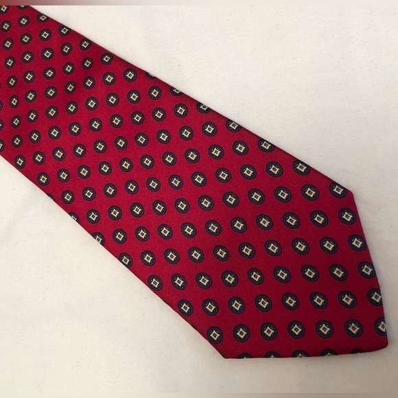 Delvechio Imported Fabric Red Blue Yellow Geometric Print Silk Neck Tie - Picture 7 of 16